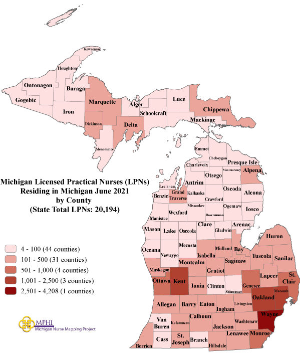 Michigan LPNs by county map